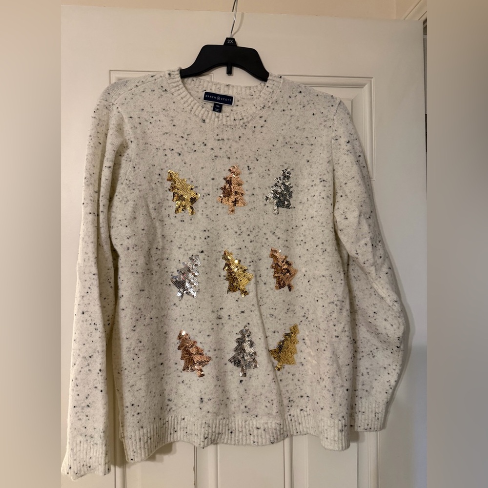 Karen Scott Women's Speckled Cream Sweater with Sequin Trees
